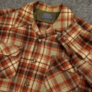 Vintage 60s 70s Pendleton Wool Board Shirt Large Loop Collar Flannel Orange Tan